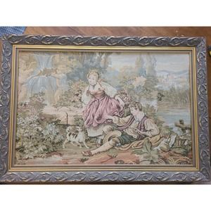 ANTIQUE FRAMED FINE TAPESTRY VICTORIAN VANGUARD STUDIOS ROMANTIC POND CHERUBS